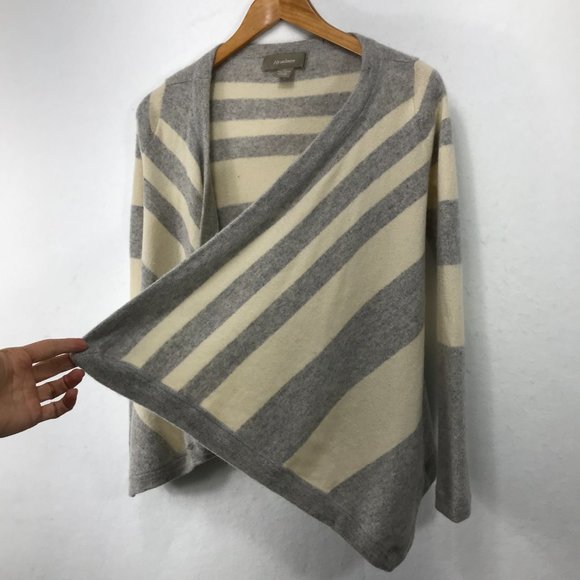 Ply 100% Cashmere Open Cardigan XS Gray Off White Open Striped Sweater Waterfall - Picture 2 of 9